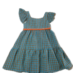 Βρεφικό-Παιδικό Φόρεμα Μπλε με Καρό Πορτοκαλί και Πορτοκαλί Διακοσμητική Λεπτομέρεια στη Μέση