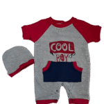Βρεφικό Κοντομάνικο Φορμάκι με Σκουφάκι – “Cool Boy” (Γκρι & Κόκκινο)