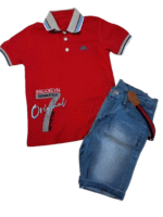 Σετ με κόκκινη μπλούζα πόλο & τζιν βερμούδα