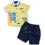 Σετ με κίτρινο πουκάμισο και σκούρο μπλε τζιν σορτσάκι