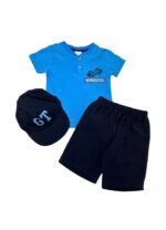 σετ αγοριού με μπλε μπλούζα, σορτσάκι και καπέλο
