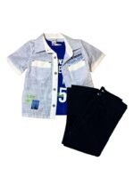 Σετ αγοριού με μπλε μπλούζα, ριγέ πουκάμισο και μαύρο τζιν